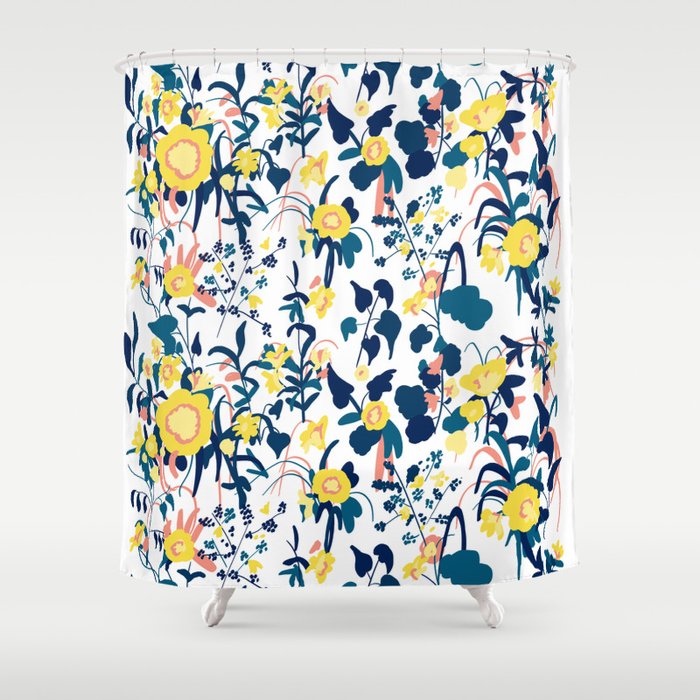 Ercup Yellow Salmon Pink And Navy, Blue Pattern Shower Curtain