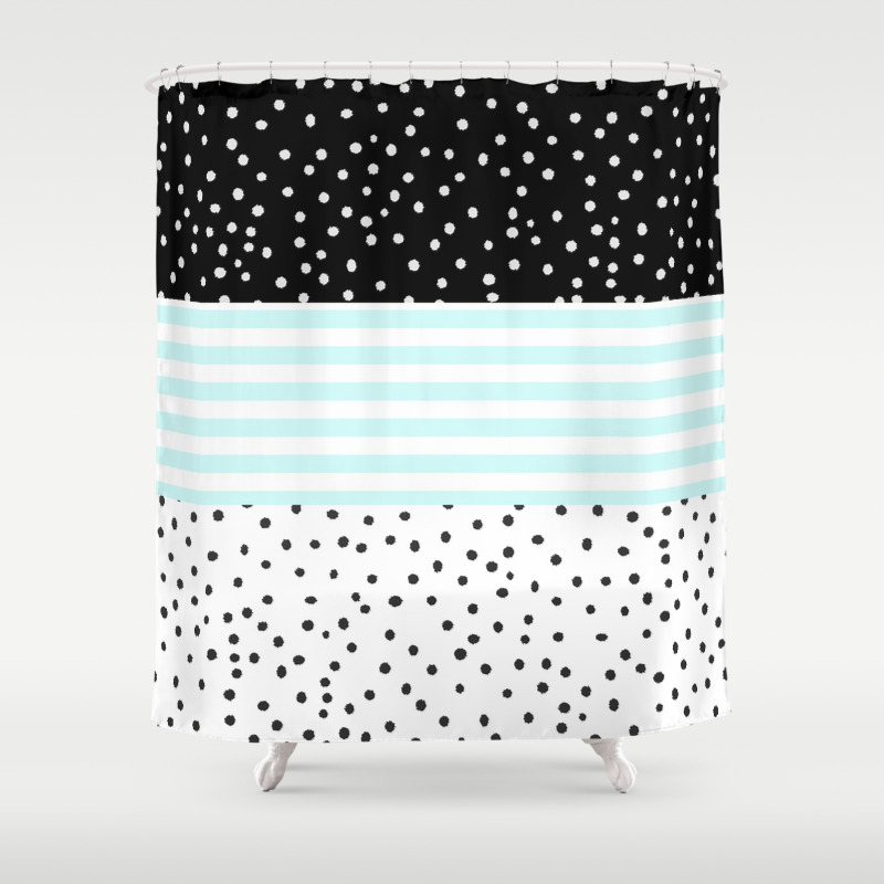 Modern Black White Teal Stripes Watercolor Polka Dots Shower Curtain Modern Black White Teal Stripes Watercolor Polka Dots Shower Curtain