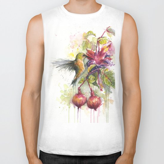 Hummingbird and Fuchsia Watercolor Biker Tank