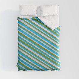 [ Thumbnail: Deep Sky Blue, Lavender, and Green Colored Lined Pattern Duvet Cover ]