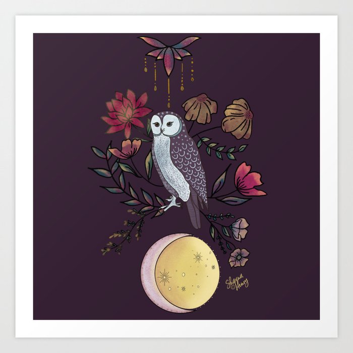 Floral Owl & Moon Illustration Eggplant Art Print