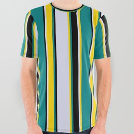 [ Thumbnail: Teal, Yellow, Lavender & Black Colored Striped Pattern All Over Graphic Tee ]