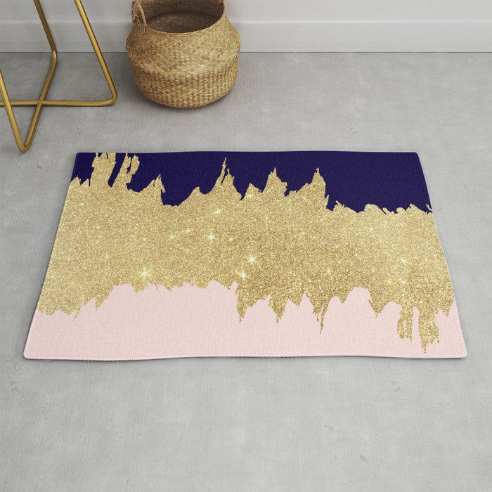 Modern navy blue blush pink gold glitter brushstrokes Rug by Pink Water