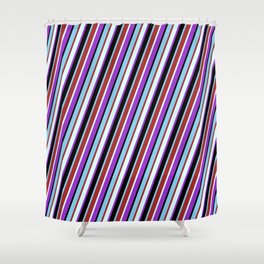 [ Thumbnail: Colorful Sky Blue, Brown, Light Cyan, Dark Orchid, and Black Colored Striped Pattern Shower Curtain ]