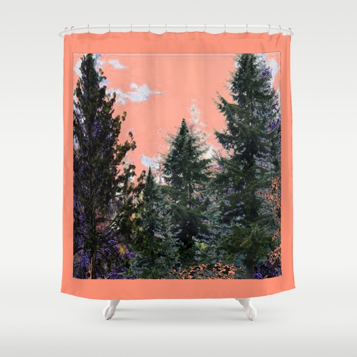 Coral Pink Western Pine Trees Mountain Landscape Shower Curtain By