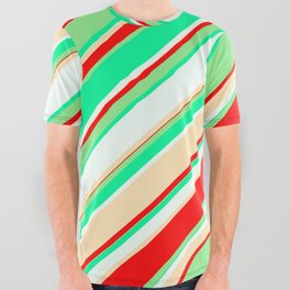 [ Thumbnail: Colorful Red, Light Green, Green, Mint Cream, and Beige Colored Striped Pattern All Over Graphic Tee ]