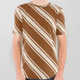 [ Thumbnail: Brown & Beige Colored Stripes Pattern All Over Graphic Tee ]