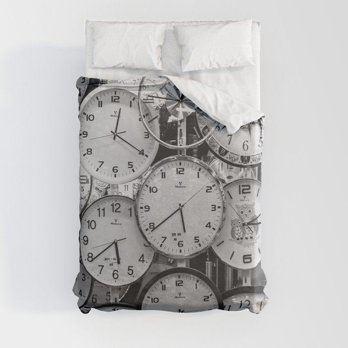 Clocks montage, time variations black and white portrait photograph - photography - photographs Duvet Cover