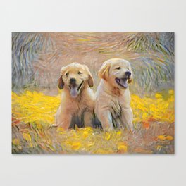 Dogs Van Gogh Style Remix Impasto Painting, Cute Pet Art Pointillism Animals, Sunny warm design Canvas Print