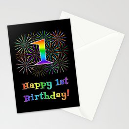[ Thumbnail: 1st Birthday - Fun Rainbow Spectrum Gradient Pattern Text, Bursting Fireworks Inspired Background Stationery Cards ]