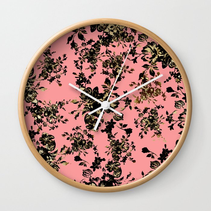 Vintage Modern Black Gold Pink Chic Floral Wall Clock