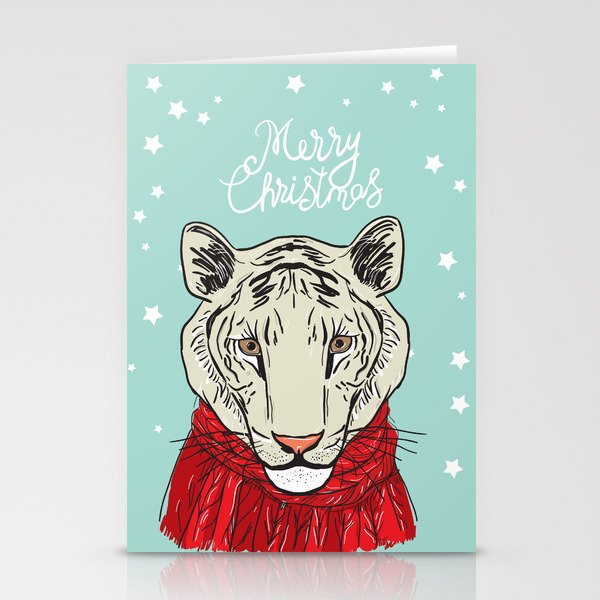 Merry Christmas New Year s card design Tiger head in a red knitted