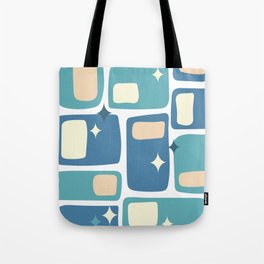 Mid Century Funky Squares and Stars in Celadon Blue, Teal, Light Yellow and Peach Tote Bag