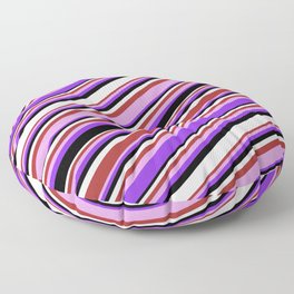 [ Thumbnail: Colorful Brown, Plum, Purple, Black, and White Colored Pattern of Stripes Floor Pillow ]