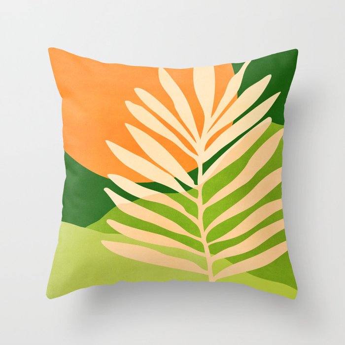 Sunny Palm Frond in Orange and Green Throw Pillow