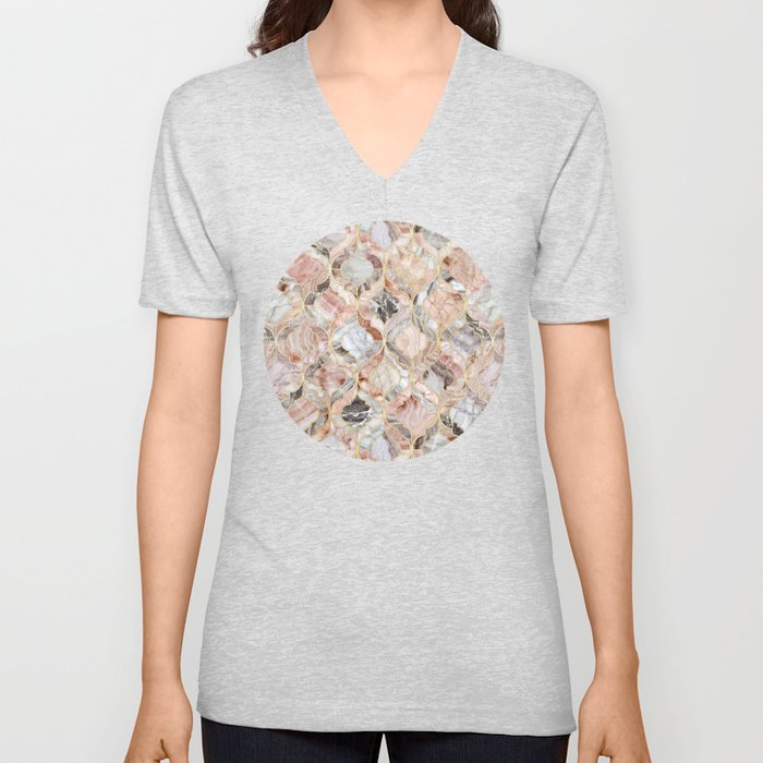 Rosy Marble Moroccan Tile Pattern V Neck T Shirt