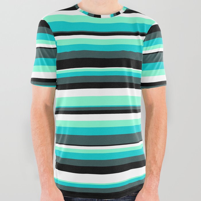 Eyecatching Aquamarine, Dark Turquoise, Dark Slate Gray, Black, and White Colored Stripes Pattern All Over Graphic Tee