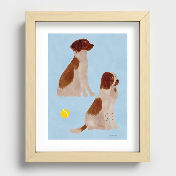 Dogs and a Tennis Ball - Brown and Blue Recessed Framed Print