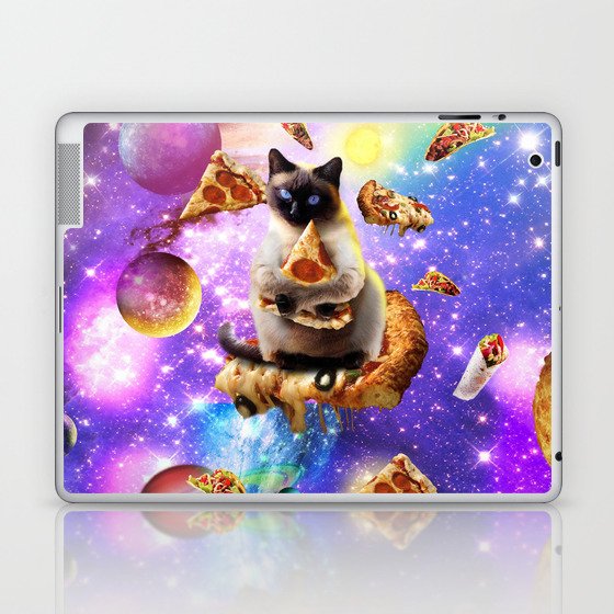 Space Siamese Cat Eating Pizza In Rainbow Galaxy Laptop & iPad Skin