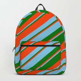 [ Thumbnail: Red, Sky Blue, and Green Colored Stripes/Lines Pattern Backpack ]