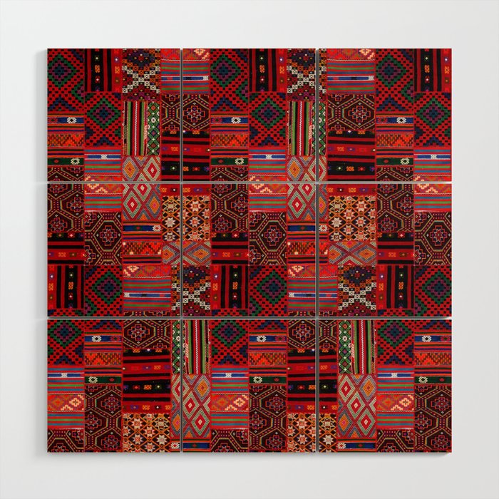 N246 - Red Oriental Berber Traditional Boho Moroccan Collage Wood Wall Art