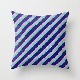 [ Thumbnail: Plum, Aquamarine & Midnight Blue Colored Lined/Striped Pattern Throw Pillow ]