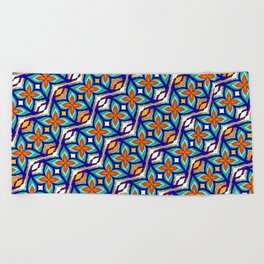 Retro Flower Tile Pattern - Hummingbird Charm Beach Towel