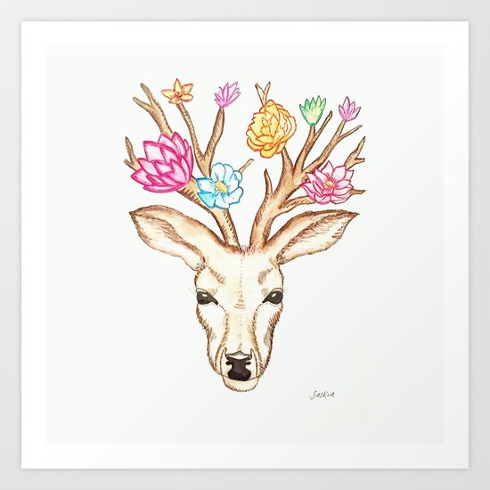 Deer with flowers Art Print