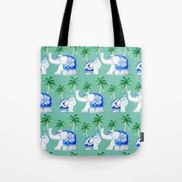Elephant Chinoiserie, mint green with palm trees Tote Bag