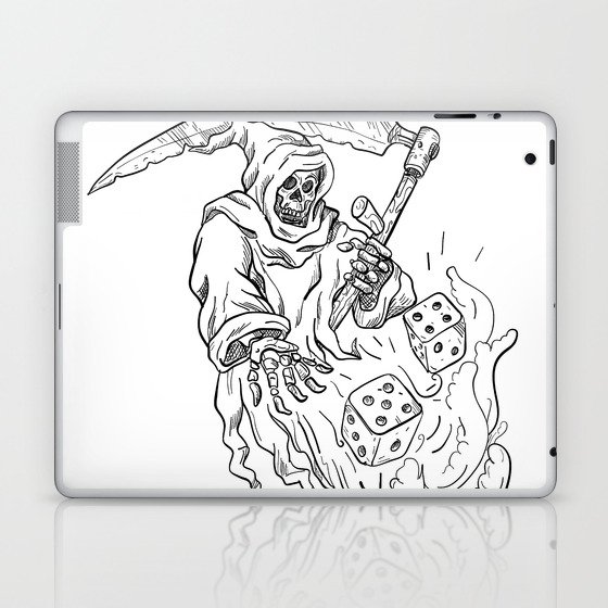 The Grim Reaper Rolling the Dice Drawing Black and White Laptop & iPad Skin