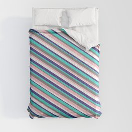 [ Thumbnail: Vibrant Gray, Pink, White, Dark Slate Blue & Turquoise Colored Striped Pattern Comforter ]