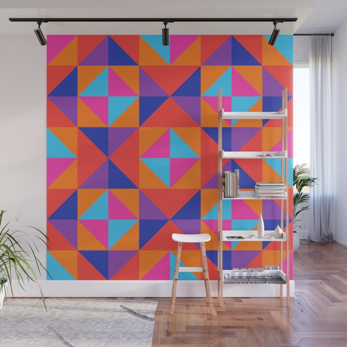 GEOMETRIC SQUARE CHECKERBOARD TILES in GLAM 70s DISCO REVIVAL RAINBOW COLOURS PINK PURPLE RED ORANGE Wall Mural