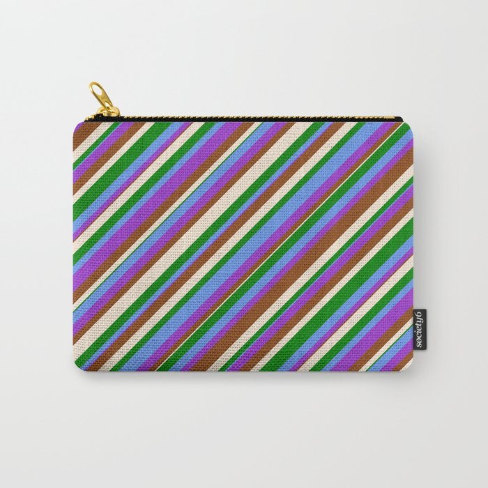 Colorful Cornflower Blue, Dark Orchid, Brown, Beige & Green Colored Lined/Striped Pattern Carry-All Pouch