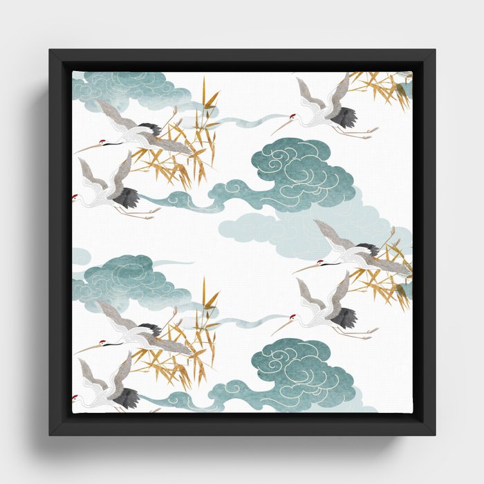 Japanese Crane Oriental Watercolor Pattern Framed Canvas