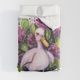 Cute duck in purple flowers hydrangea traditional illustration Duvet Cover