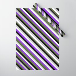[ Thumbnail: Eye-catching Grey, White, Purple, Dark Olive Green, and Black Colored Lined/Striped Pattern Wrapping Paper ]