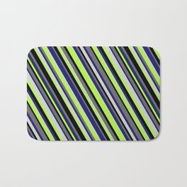 [ Thumbnail: Colorful Midnight Blue, Light Gray, Light Green, Black, and Dim Grey Colored Stripes/Lines Pattern Bath Mat ]