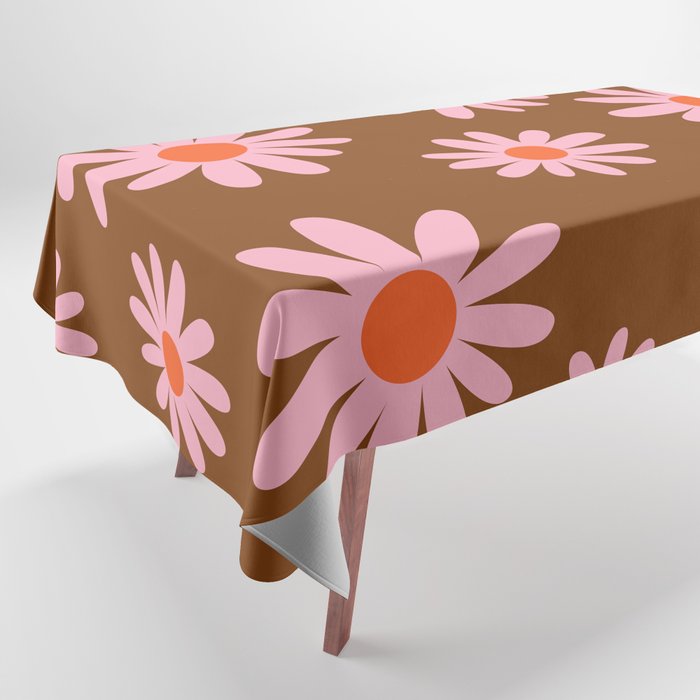 70s Hand Drawn Flower Power Daisies Florals in Brown, Pink & Orange Tablecloth