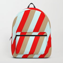 [ Thumbnail: Tan, Light Cyan, and Red Colored Stripes Pattern Backpack ]