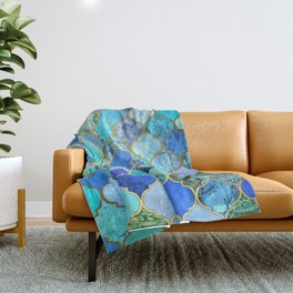 Cobalt Blue, Aqua & Gold Decorative Moroccan Tile Pattern Throw Blanket
