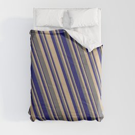 [ Thumbnail: Tan, Dim Gray, and Midnight Blue Colored Lined Pattern Comforter ]