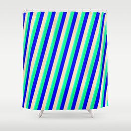 [ Thumbnail: Cyan, Green, Blue & Beige Colored Lined Pattern Shower Curtain ]