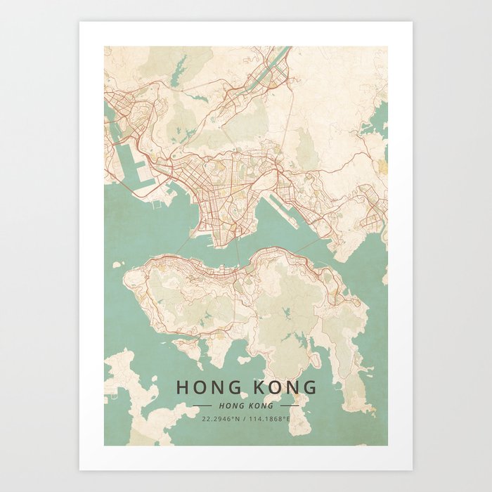 Hong Kong, Hong Kong - Vintage Map Art Print
