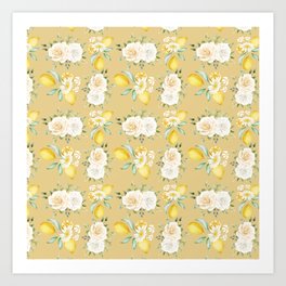 Lemons and White Flowers Pattern On Beige Background Art Print