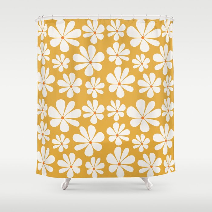 Retro Daisy Pattern - Golden Yellow Bold Floral Shower Curtain