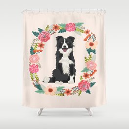 border collie black and white floral wreath dog gifts pet portraits Shower Curtain