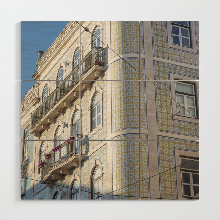 Round corner building in Lisbon, Portugal - green and yellow azulejos - summer street and travel photography Wood Wall Art