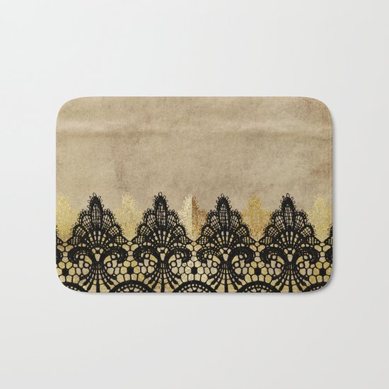 Elegance- Ornament black and gold lace on grunge paper backround Bath Mat
