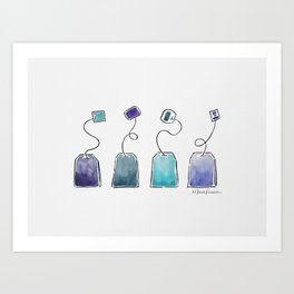 Blue tea bags Art Print | Sip, Party, Time, Blue, Herbal, Shop, Teabags, Painting, Cups, Lovers 