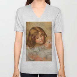 Little Girl with her Doll by Pierre-Auguste Renoir V Neck T Shirt